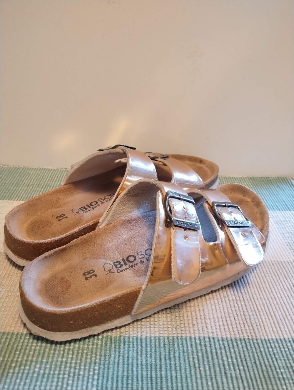 Biosoft Metallic Rose Gold Double-Buckle Slide Sandals